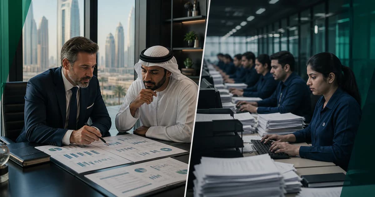 A UAE SME owner comparing senior-led advisory review with high-volume bookkeeping processing.