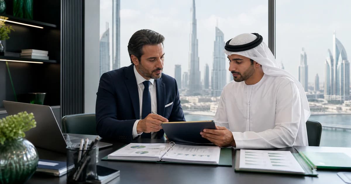 A business owner reviewing company ownership evidence and UAE Golden Visa eligibility requirements.