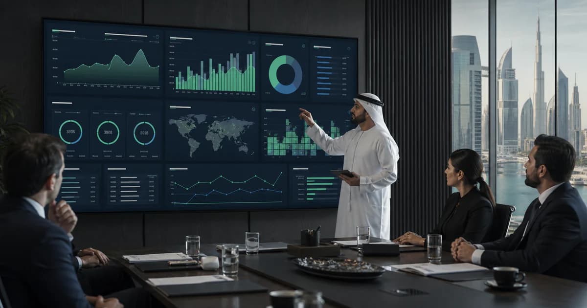 Management reviewing profit, cash, working capital and operating KPIs on a UAE reporting dashboard.
