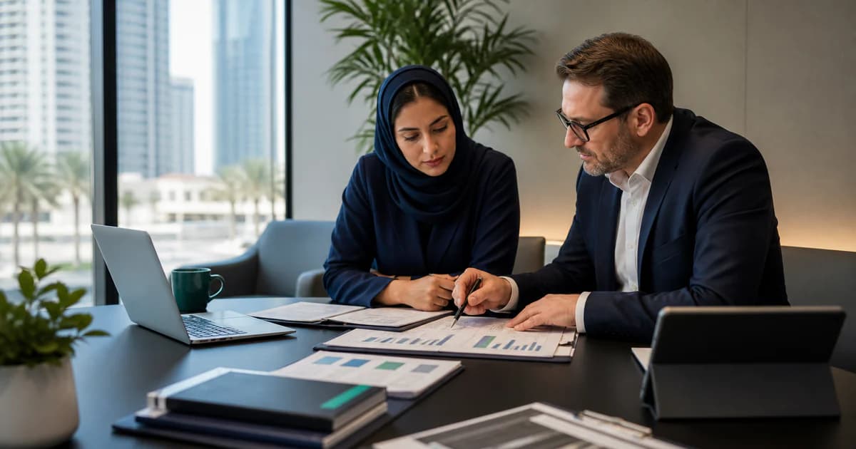 A tax adviser and finance manager reviewing VAT returns, transaction samples and an exceptions register.