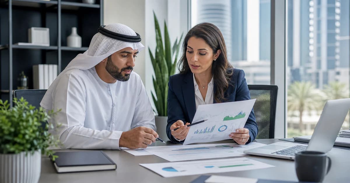 A UAE business owner reviewing turnover forecasts and a VAT registration decision timeline.