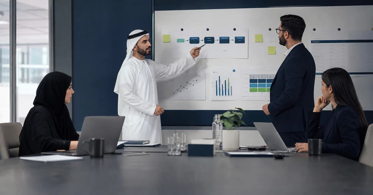 A UAE business team reviewing a controlled AI pilot, baseline measures and go-or-stop criteria.