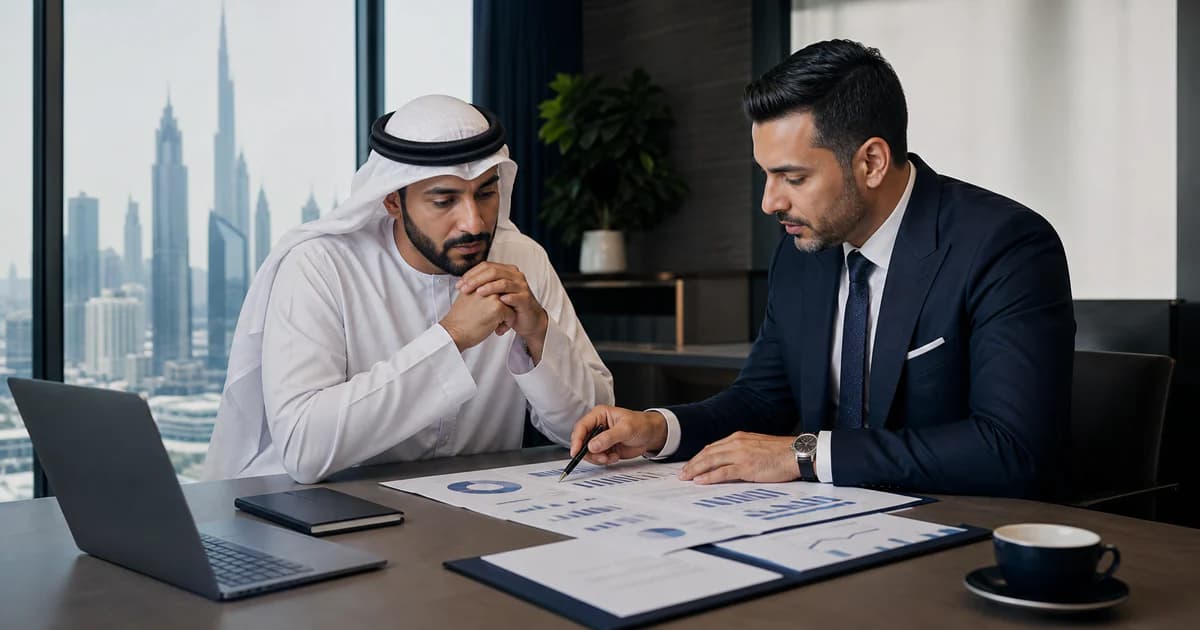 A UAE business owner reviewing cash flow, margins and growth decisions with a finance adviser.