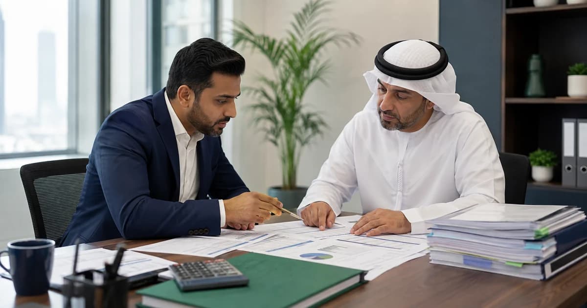 A UAE business owner and finance controller reviewing aged receivables, customer balances and documented credit limits.
