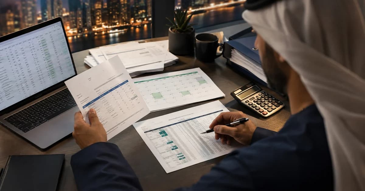 An accountant matching invoices, service periods and adjusting entries during the UAE month-end close.