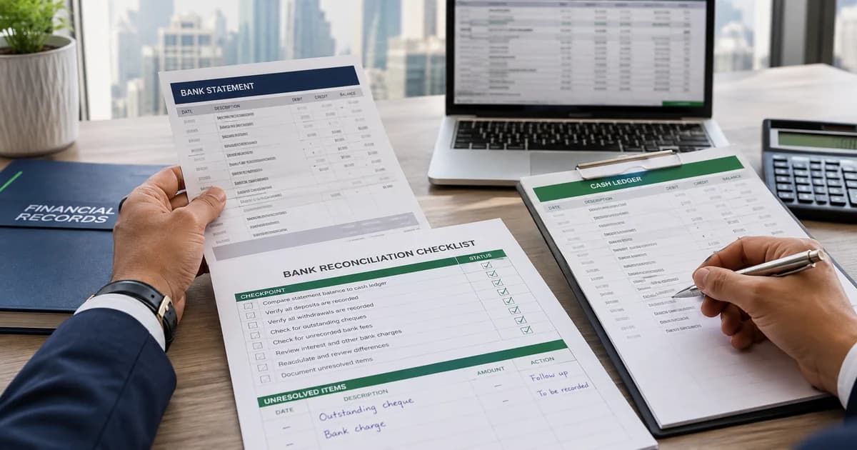 A finance professional comparing a bank statement, cash ledger and unresolved reconciliation items.