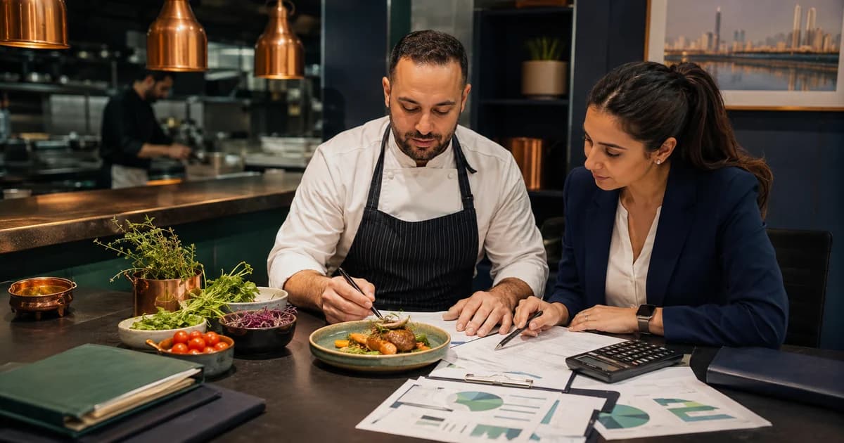 A restaurant chef and finance manager reviewing ingredients, supplier evidence and food-cost calculations.
