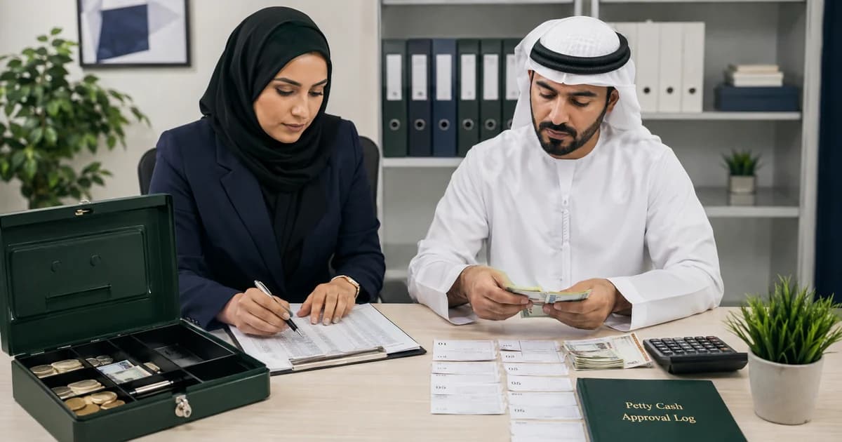 An office administrator and accountant reconciling a controlled petty-cash float with approved vouchers.
