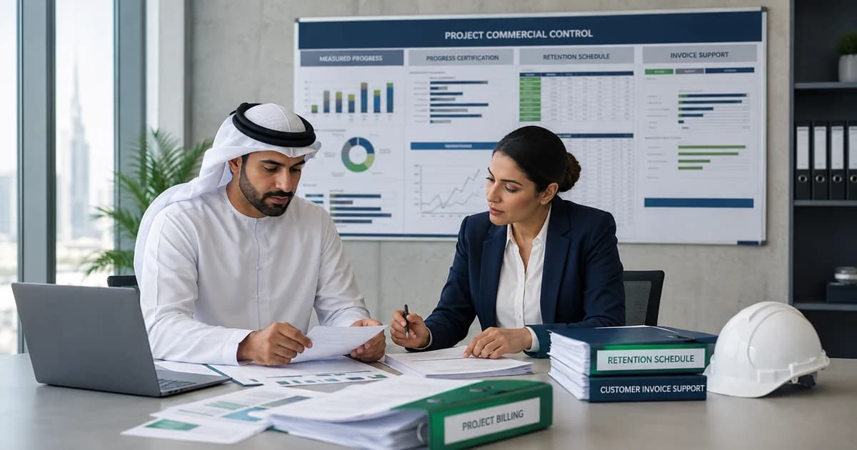 A quantity surveyor and accountant reviewing progress certification, retention and invoice support.