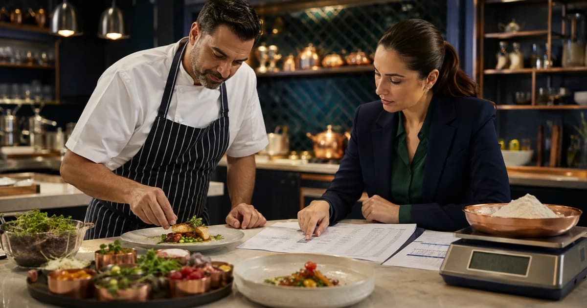 A UAE restaurant chef and finance analyst reviewing recipe portions, ingredient costs and menu contribution.