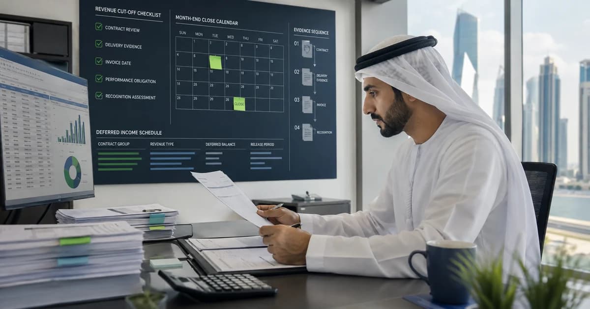 An accountant matching contracts, delivery evidence and invoice dates for revenue cut-off review.