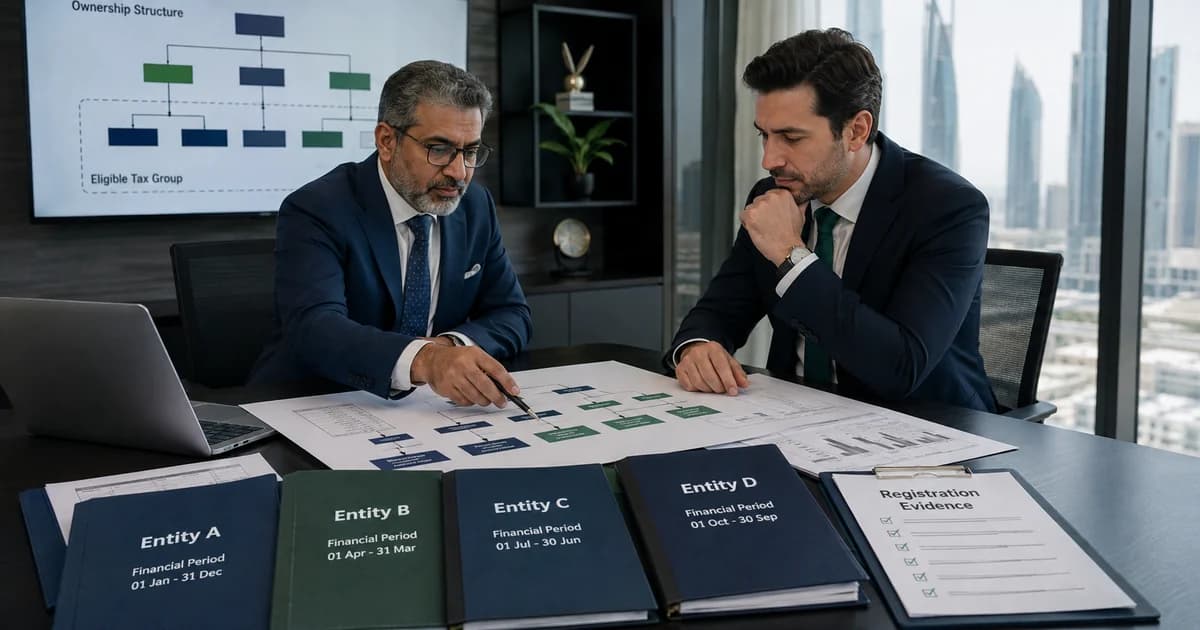 A tax adviser and group finance director reviewing entity ownership and Corporate Tax group evidence.