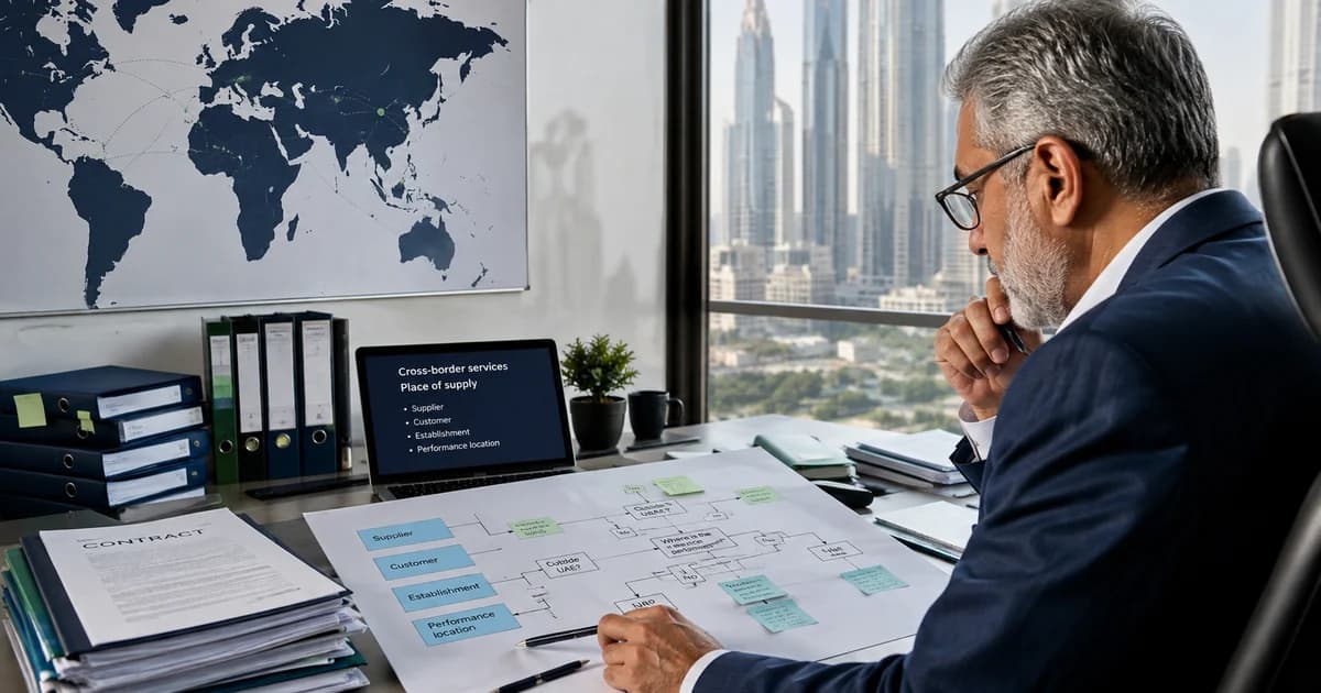 A UAE tax adviser reviewing customer, establishment and service-delivery facts across jurisdictions.