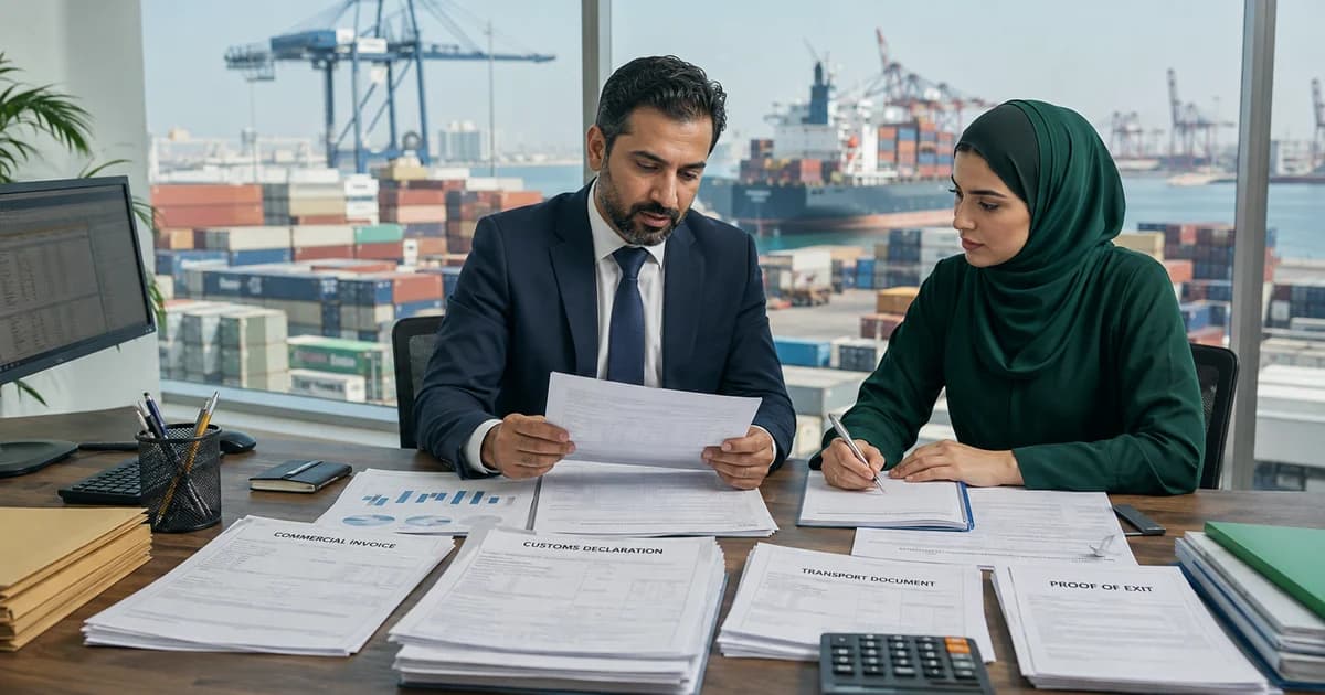 A UAE export manager and tax adviser assembling customs, transport and proof-of-exit records.