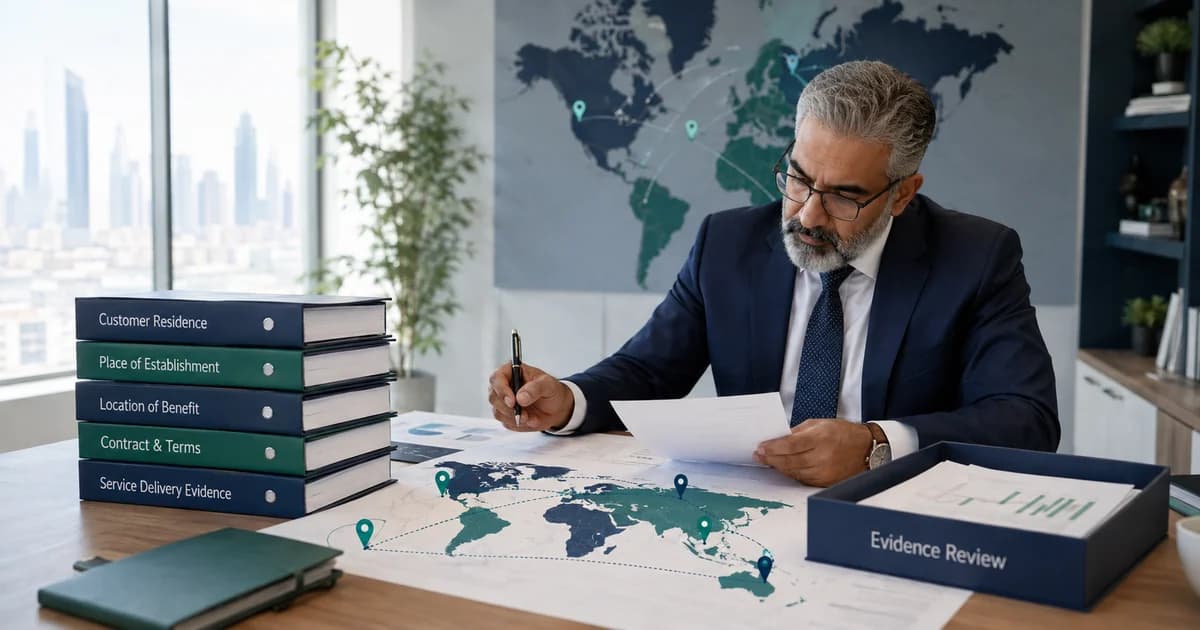 A tax adviser reviewing customer, contract and service-delivery evidence for cross-border services.