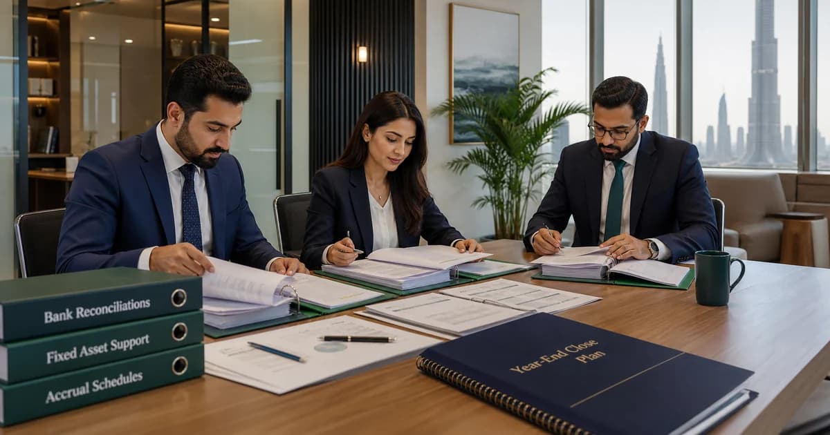 A UAE finance team reviewing reconciliations, asset evidence, accruals and year-end close actions.